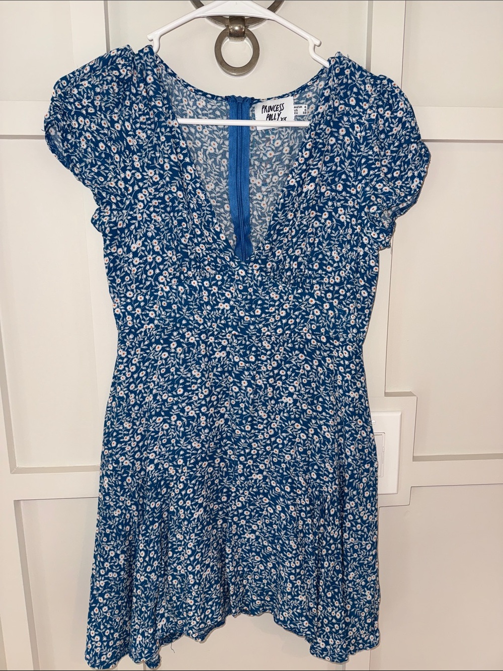 Princess Polly Floral V-Neck Cap Sleeve Mini Dress Blue White